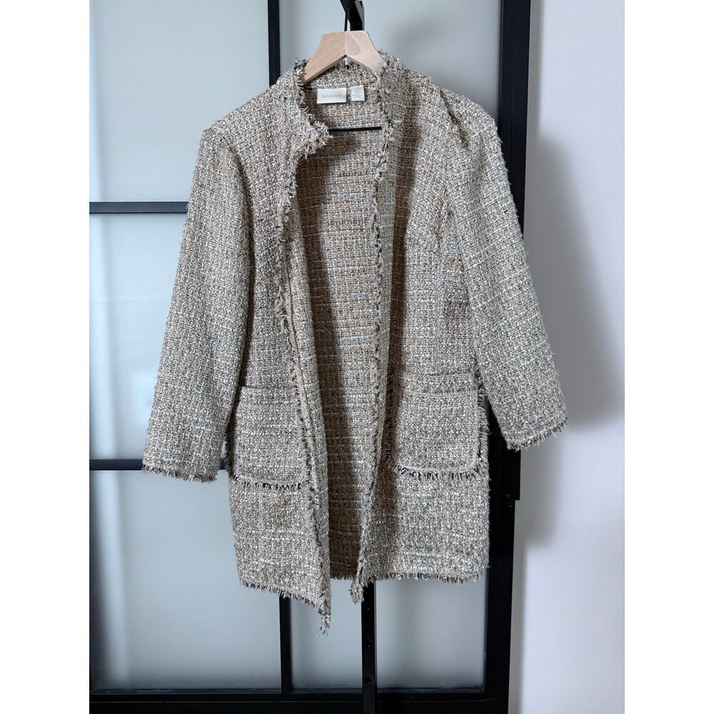 Chico’s Tweed Frayed Jacket Taupe Gold Size 1 (Medium)